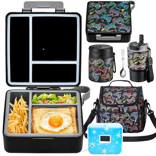 Lunch Box Set with Bento Box Container, 17OZ Stainless Steel Food Soup Thermo, Kids Water Bottle & Portable Insulated Lunch Bag  Leakproof, Hot/Cold Retention for School, Travel (Black-Game)