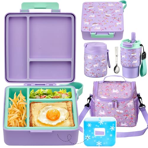Lunch Box Set with Bento Box Container, 17OZ Stainless Steel Food Soup Thermo, Kids Water Bottle & Portable Insulated Lunch Bag, Leakproof, Hot/Cold Retention for School, Travel (Purple-Horse)