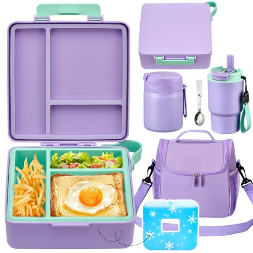 Lunch Box Set with Bento Box Container, 17OZ Stainless Steel Food Soup Thermo, Kids Water Bottle & Portable Insulated Lunch Bag  Leakproof, Hot/Cold Retention for School, Travel (Purple)