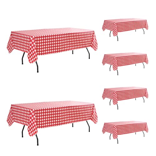 Vinyl Tablecloth with Flannel Backing-6 Pack Red & White 60x120 Inch Waterproof Plastic Table Cloth-Wipeable Heavy Duty Oilcloth Rectangle 8 Foot Protector for Picnic Party Camping Dining