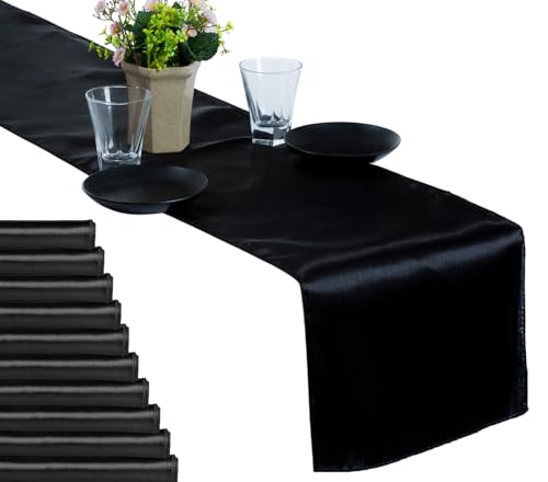 MDS 50 PCS Satin Table Runners 12 x 108 Inch Charmeuse Sateen Silk Table Runner for Indoor Outdoor Wedding Reception Birthday Graduation Party Event Banquet Dining Table Decoration - Black