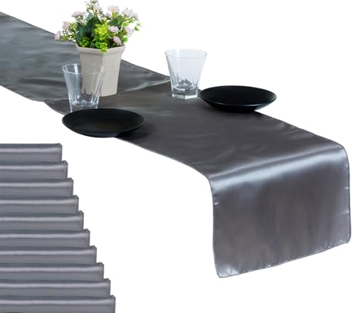 MDS 50 PCS Satin Table Runners 12 x 108 Inch Charmeuse Sateen Silk Table Runner for Indoor Outdoor Wedding Reception Birthday Graduation Party Event Banquet Dining Table Decoration - Silver Gray