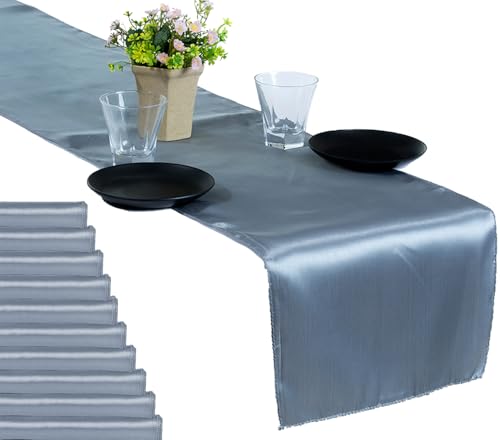MDS 50 PCS Satin Table Runners 12 x 108 Inch Charmeuse Sateen Silk Table Runner for Indoor Outdoor Wedding Reception Birthday Graduation Party Event Banquet Dining Table Decoration - Light Silver