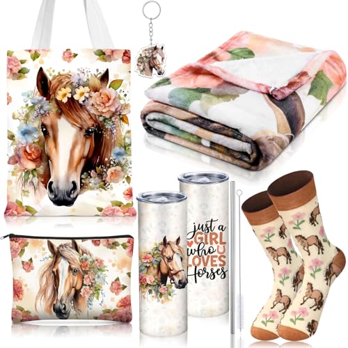 6 Pcs Horse Gifts for Women Include 20 oz Horse Stainless Steel Tumbler with Lid Straw Cosmetic Bag Just A Girl Who Loves Horses Throw Blanket Keychain Socks Handbag for Women Girls