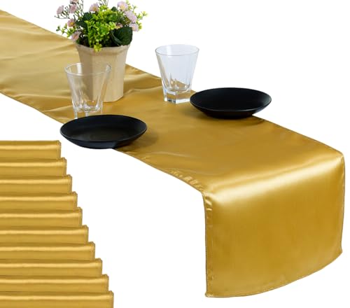 MDS 50 PCS Satin Table Runners 12 x 108 Inch Charmeuse Sateen Silk Table Runner for Indoor Outdoor Wedding Reception Birthday Graduation Party Event Banquet Dining Table Decoration - Gold