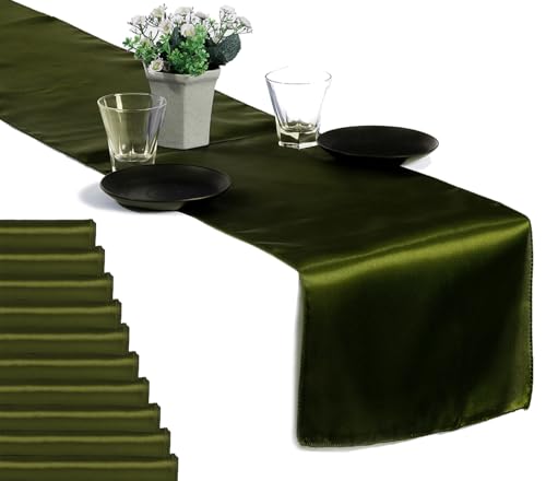MDS 50 PCS Satin Table Runners 12 x 108 Inch Charmeuse Sateen Silk Table Runner for Indoor Outdoor Wedding Reception Birthday Graduation Party Event Banquet Dining Table Decoration - Olive Green