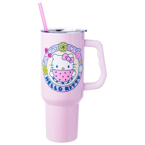 Silver Buffalo Sanrio Hello Kitty Summer Kawaii Fruits Stainless Steel Tumbler with Handle, Fits in Standard Cup Holder, 40 Ounces