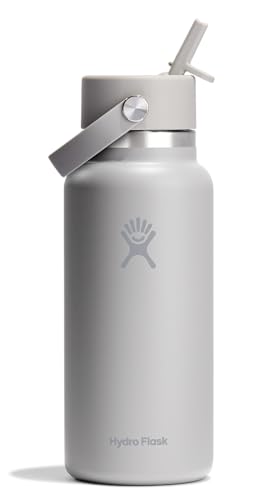 Hydro Flask Water Bottle - Insulated Stainless Steel - Wide Mouth Flex Straw Lid, Non Spill, Leakproof and Refillable in 32 Oz Tonal Birch