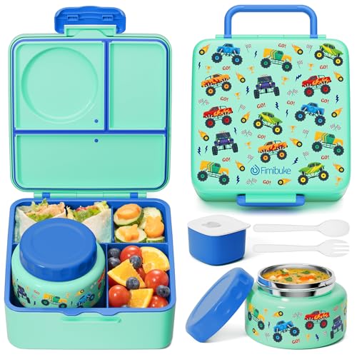 Fimibuke Bento Box for Kids Adult, BPA Free & Leakproof Toddler Lunch Box with 8.5oz Insulated Food Jar, Utensils & Sauce Jar, Dishwasher Safe 3 or 4 Compartment Container for School Girl Boy