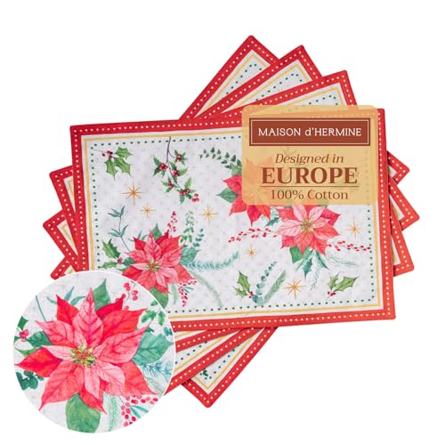 Maison d' Hermine Placemats Set of 4 100% Cotton Washable Cloth Place Mats, Reusable Table Mats for Kitchen Dining Decoration, Party, Wedding, Restaurant (Poinsettia Christmas, 13" x 19")