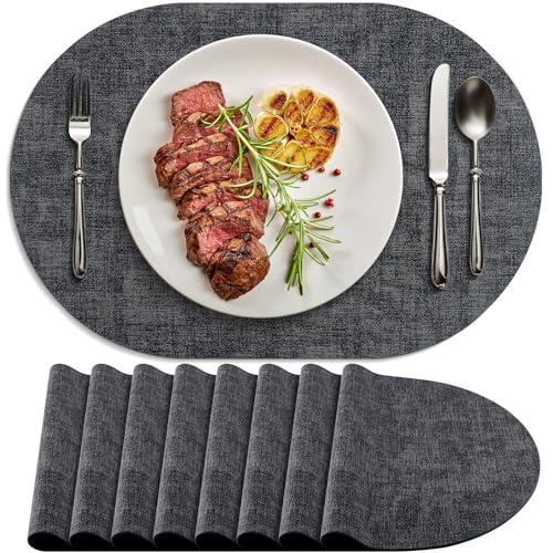 Placemats Set of 8 Non-Slip, Heat Resistant Oval Leather Place mats Double Layer, Waterproof Table Mats Easy to Clean for Kitchen Dining Room Coffee Office Table, Charcoal