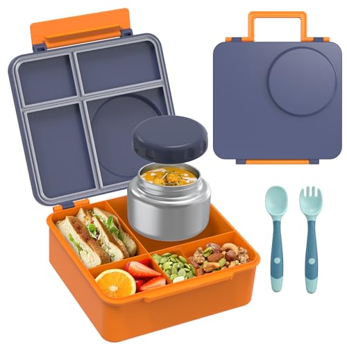 Bento Lunch Box Set for Kids with 8oz Soup Thermo, Leak-Proof Lunch Containers with 4 Compartment, Insulated Thermo Hot Food Jar and Lunch Bag for Kids to School (Navy Blue)