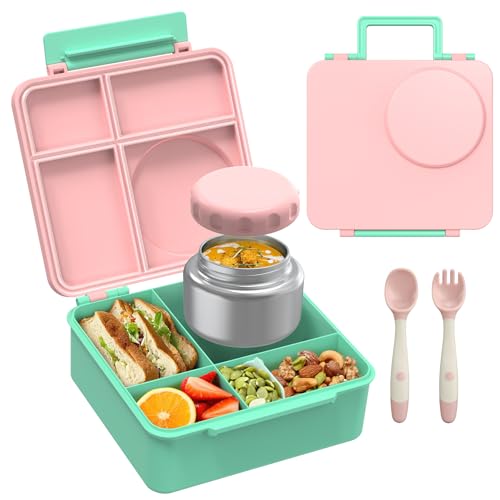 Bento Lunch Box Set for Kids with 8oz Soup Thermo, Leak-Proof Lunch Containers with 4 Compartment, Thermo Hot Insulated Food Jar and Lunch Bag for Kids to School (pale pink)