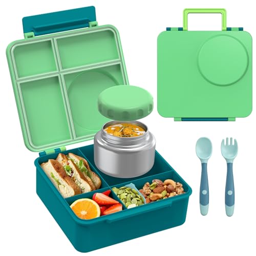 Bento Lunch Box Set for Kids with 8oz Soup Thermo, Leak-Proof Lunch Containers with 4 Compartment, Thermo Hot Insulated Food Jar and Lunch Bag for Kids to School (Greener)