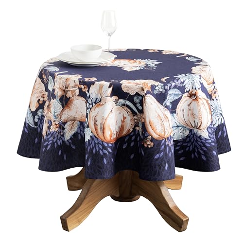 Maison d' Hermine Table Cloth Round Table 100% Cotton 63 Inches Tablecloth Reusable Decorative Everyday Use for Dining Room, Farmhouse, Home, Party, Festive & Wedding - Pumpkin Blues