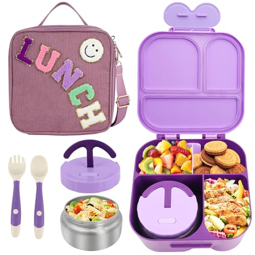 Lunch Box with Bento Box with 4 Compartment, with Leak Proof Thermo Food Jar, Preppy Corduroy Insulated Lunch Bag for Womens Girl Kids Teens School Travel Picnic (Purple)