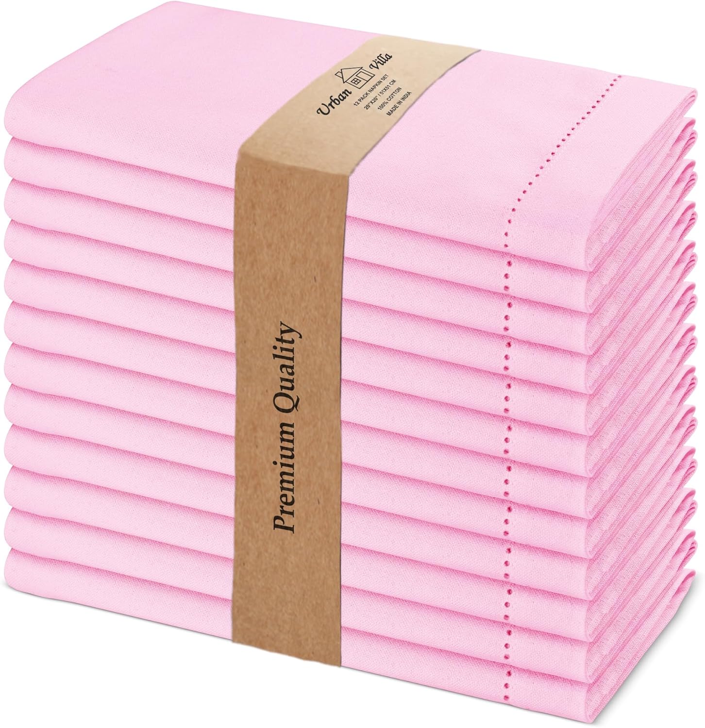Urban Villa Cloth Napkins Set of 12 (20x20 Inches) 100% Cotton Hemstitch Napkins Cloth Washable Durable Reusable Absorbent Table Dinner Napkins Cloth for Hotel Lunch Restaurant Weddings Parties  Pink