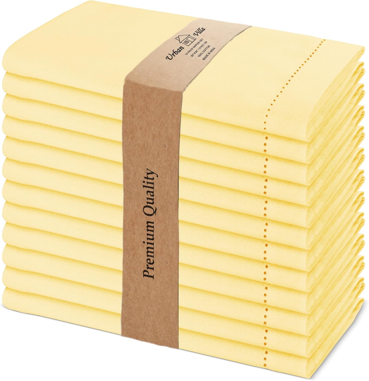 Urban Villa Cloth Napkins Set of 12 20x20 Inches 100% Cotton Hemstitch Napkins Cloth Washable Durable Reusable Absorbent Table Dinner Napkins Cloth for Hotel Lunch Restaurant Weddings Parties  Yellow
