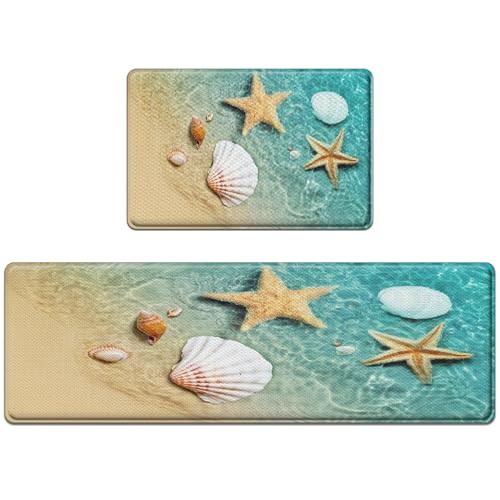 Anti-Fatigue Beach Kitchen Rug Set of 2 Cushioned Seashell Kitchen Mats for Floor, Summer Sea Standing Mat Waterproof Non-Slip Kitchen Mats and Rugs PVC Ergonomic Comfort Foam Decor for Kitchen