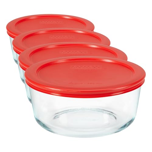 Pyrex Simply Store Glass Food Storage Container, Snug Fit Non-Toxic Plastic BPA-Free Lids, Freezer Dishwasher Microwave Safe, 4 Cup (Pack of 4)