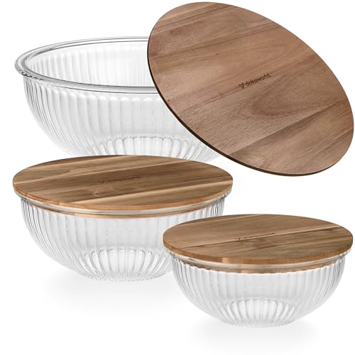 Set of 3 Stackable Space-Saving Nesting Glass Salad Bowls with Acacia Lids for Foodprep, Storage, Baking, Mixing & Cooking - Microwave Safe Durable Inert Borosilicate Glass