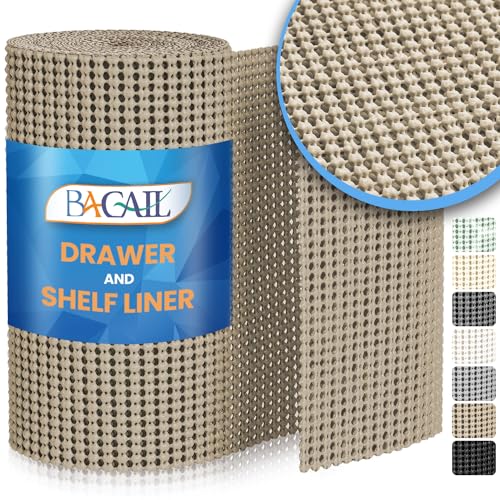 BAGAIL Drawer and Shelf Liner, 24 in X 30 Ft Non-Adhesive Shelf Liners for Kitchen Cabinets, Thick Strong Grip Liners for Desk, Shelves, Bathroom Drawers, Cabinet Protection - Beige