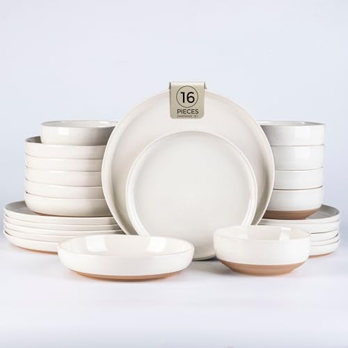 AmorArc 16 Pieces Ceramic Dinnerware Sets for 4, Handpainted Plates and Bowls Set with Rustic Terracotta Underside, Scratch Resistant Stoneware Dishes Set, Dishwasher & Microwave Safe, Light Beige