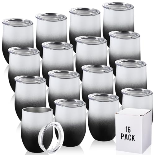 16 Pack Stainless Steel Wine Tumblers 12 oz Insulated Vacuum Wine Cup Set Double Wall Stainless Steel Stemless Mug Glasses for Coffee Soda Whiskey Outdoor Travel (Black and White)