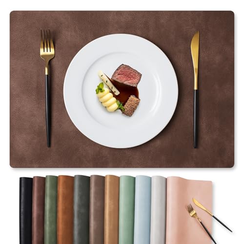 MOSAYT Vinyl Placemats Set of 8-12 X 17 Inch - Faux Leather 100% Waterproof Oil-Proof Wipeable PU Place Mats, Heat Resistant Reversible Table Mats for Kitchen, Dining, Outdoor (Coffee)