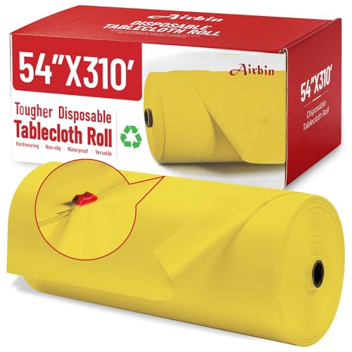 Plastic Table Cloth, 310 Ft X 54 in Plastic Table Cloth Disposable Yellow Table Cloths with Any Cut Sliding Cutters Premium PEVA Disposable Tablecloth for Picnics, Parties, Birthdays, Festivals