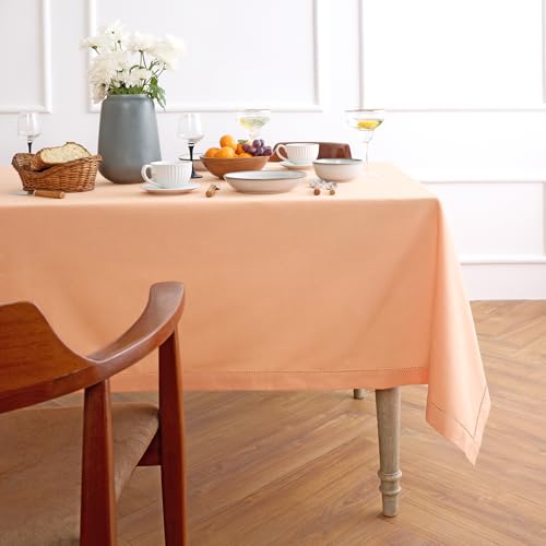 Solino Home Cotton Linen Tablecloth 58 x 120 Inch - Hemstitch Peach Bloom Table Cloth for Rectangle Tables - Machine Washable Tablecloth