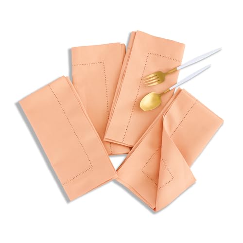 Solino Home Cotton Linen Napkins Set of 4 - Hemstitch Peach Bloom Dinner Napkins Cloth 20 x 20 Inch - Handcrafted and Machine Washable