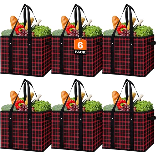 WISELIFE Reusable Grocery Bags 6 Pack,Large Grocery Tote Bag Water Resistant Shopping Bags Foldable Grocery Bag for Clothes,Shoes and Picnic,Red