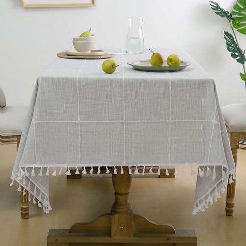 Softalker Outdoor Tablecloth Rectangle, Waterproof Linen Cotton Farmhouse Table Cloths with Tassel, Heavy Weight Wrinkle Free Fabric Table Cover for Dining/Party/Rustic - 55 x 102 Inch, Grey Plaids