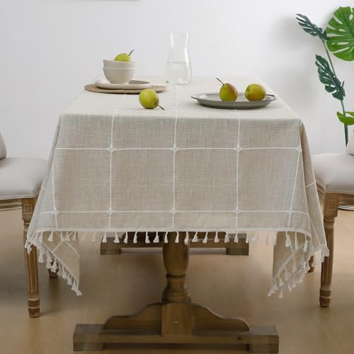 Softalker Fall Tablecloth Rectangle, Outdoor Waterproof Linen Cotton Farmhouse Table Cloths with Tassel, Heavy Weight Wrinkle Free Table Cover for Dining/Party/Rustic - 55 x 102 Inch, Coffee Plaids