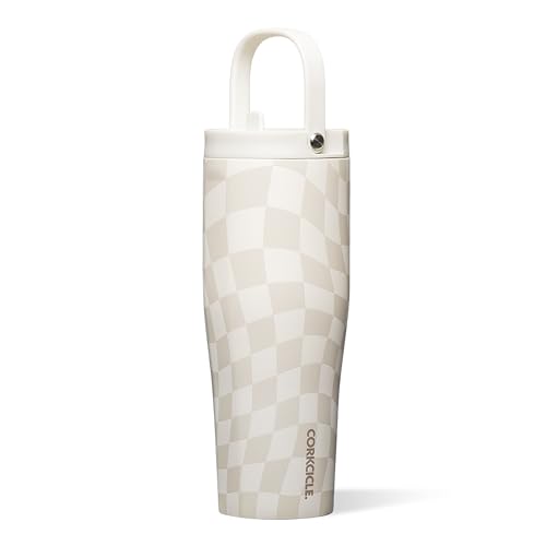 Corkcicle Go Cup XL - Leak-Proof Travel Tumbler - Triple Insulated Stainless Steel Water Bottle - Easy-Carry Handle - Summer Drinkware Gift - Keeps Drinks Ice Cold - 30 oz - Wavy Checkerboard