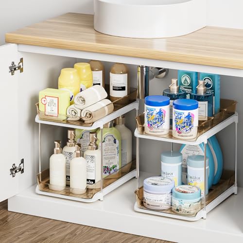Delamu 2 Sets of 2-Tier Multi-Purpose Bathroom Under Sink Organizers and Storage, Stackable Kitchen Pantry Organization, Pull Out Medicine Cabinet Organizer with 8 Movable Dividers, Amber