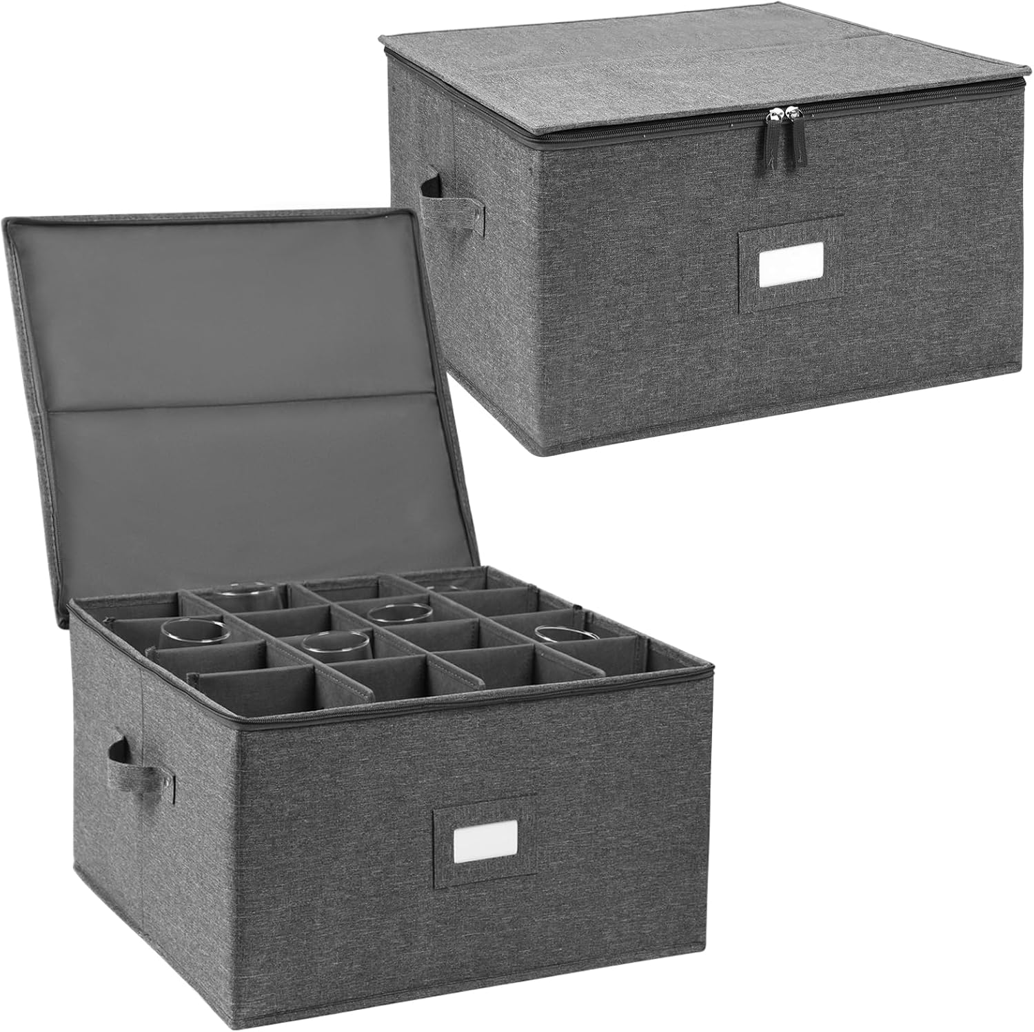 Stemware Storage Cases 2 Pack, Wine Glass Storage Box Containers with Dividers for Glassware or Crystal, Holds 16 Red or White Wine Glasses, Hard Top and Stackable (Grey)
