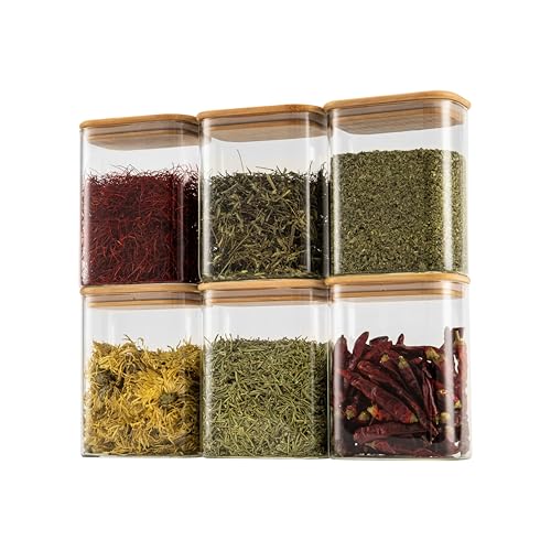 37oz Rectangle Airtight Glass Storage Containers with Bamboo Lids (Set of 6), Square Food Storage Jar, Pantry Organizers for Cereal, Nuts, Snacks and Coffee beans (with Black Lable)