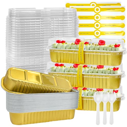 200Pack Gold Mini Cake Pans Disposable Mini Loaf Pans with Lids and Spoons and Stickers, 6.8Oz Aluminum Foil Pans Tins, Individual Dessert Cups Containers for Sales,Party,Picnics