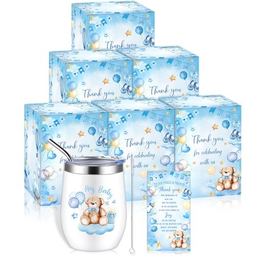 Hoolerry 6 Set Baby Shower Game Prizes for Guests Winners 12 oz Insulated Stainless Steel Tumbler Cup with Lids, Straws, Cleaning Brush, Cards & Boxes Return Gifts(Blue,Blue Bear)