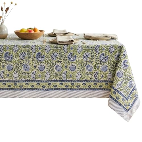 ATOSII Amara 100% Cotton Fall Tablecloth, Handblock Floral Print Rectangle Linen for Kitchen Dining I Parties Wedding Outdoors Picnics Easter I Spring Summer 72 X 108 Inches I 8 Seater Table