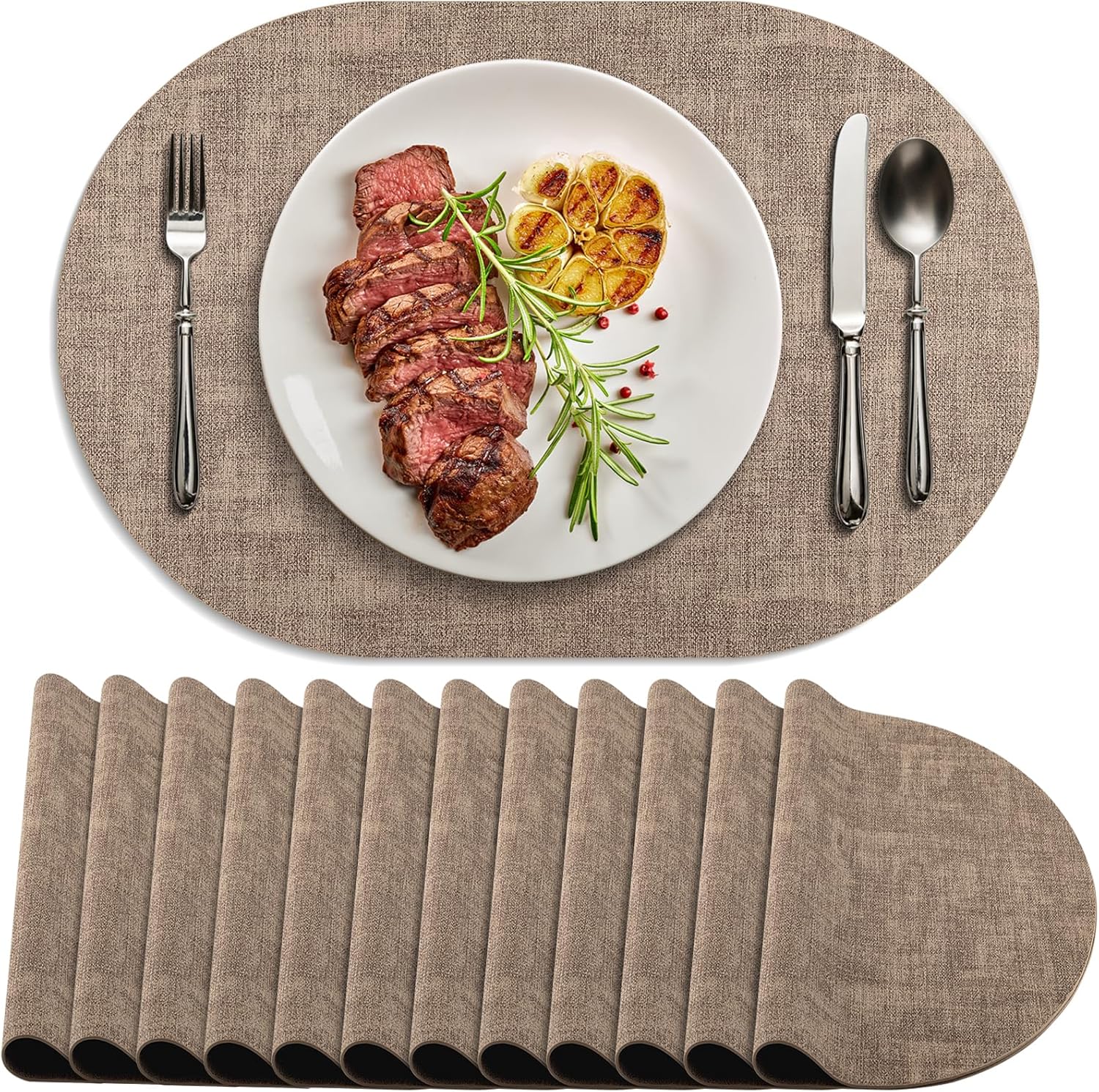 Placemats Set of 12 Washable, Heat Resistant Table Placemats Wipeable Faux Leather Oval Place Mats Non Slip, Waterproof Oval Table Mats for Indoor Outdoor, Apricot