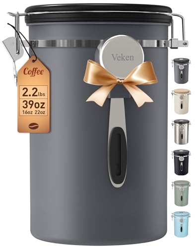 Veken Coffee Canister, 39OZ Large, Airtight Stainless Steel Food Storage Container for 2.2lbs Coffee Beans, Ground, Sugar, Tea, Flour, Cereal, Kitchen Bar Accessories with Date Tracker & Scoop, Gray