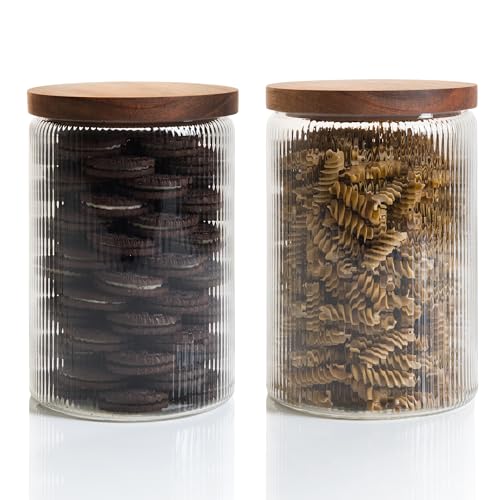Mason & Fable Ribbed Glass Jar with Wooden Lid 70fl.oz- Set of 2 | Airtight Fluted Storage Container for Cookies, Pasta, Coffee, Dog Treats, Snacks | Organization Canisters for Home & Kitchen