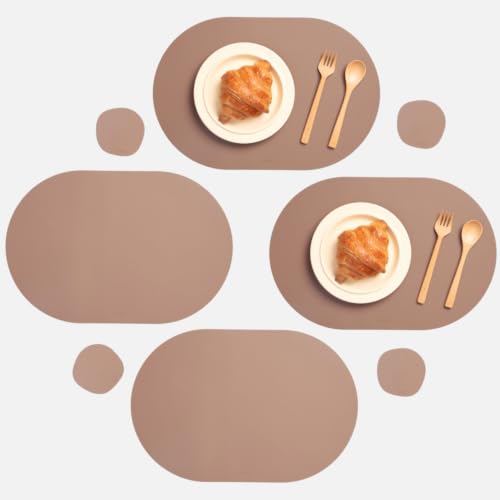 Clay Pink Oval Silicone Placemats Set of 4 with Matching Coasters  Heat Resistant, Waterproof, Easy to Clean Non-Slip Modern Dining Table Mats  Premium Leather Textured Japandi Kitchen Decor