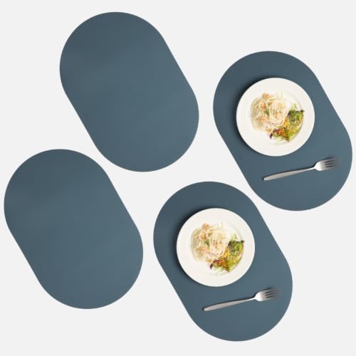Steel Blue Oval Silicone Placemats Set of 4  Heat Resistant, Waterproof, Easy to Clean Non-Slip Modern Dining Table Mats  Premium Leather Textured Japandi Kitchen Decor