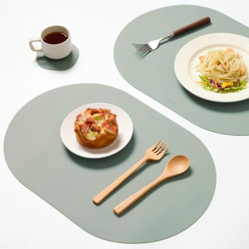 Mint Green Oval Silicone Placemats Set of 4 with Matching Coasters  Heat Resistant, Waterproof, Easy to Clean Non-Slip Modern Dining Table Mats  Premium Leather Textured Japandi Kitchen Decor