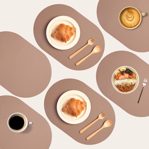 Clay Pink Oval Silicone Placemats Set of 6  Heat Resistant, Waterproof, Easy to Clean Non-Slip Modern Dining Table Mats  Premium Leather Textured Japandi Kitchen Decor