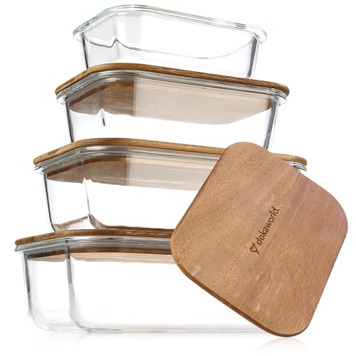 Glass Tupperware Set with Acacia Lids - 4 Stackable Meal Prep Containers. Durable heat resistant Inert Borosilicate Glass
